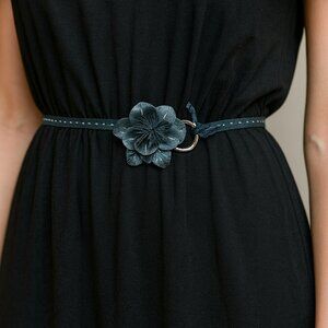 Cole Haan Leather Flower Belt Women’s Adjustable Thin Wrap Belt Black Made Italy